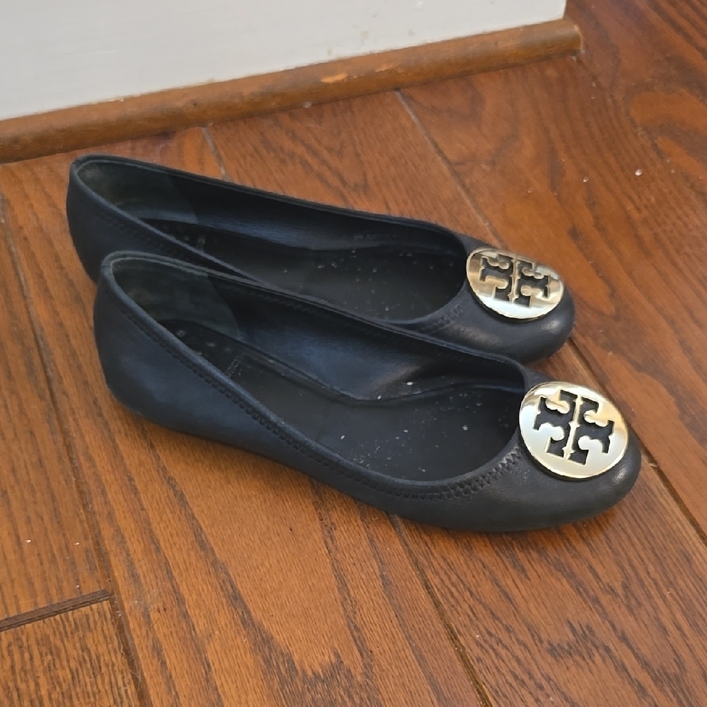 Tory Burch Black Ballet Flats with Gold Logo